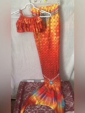 Girls Orange & Yellow Mermaid Tail Swimsuit Set with Ruffle Top